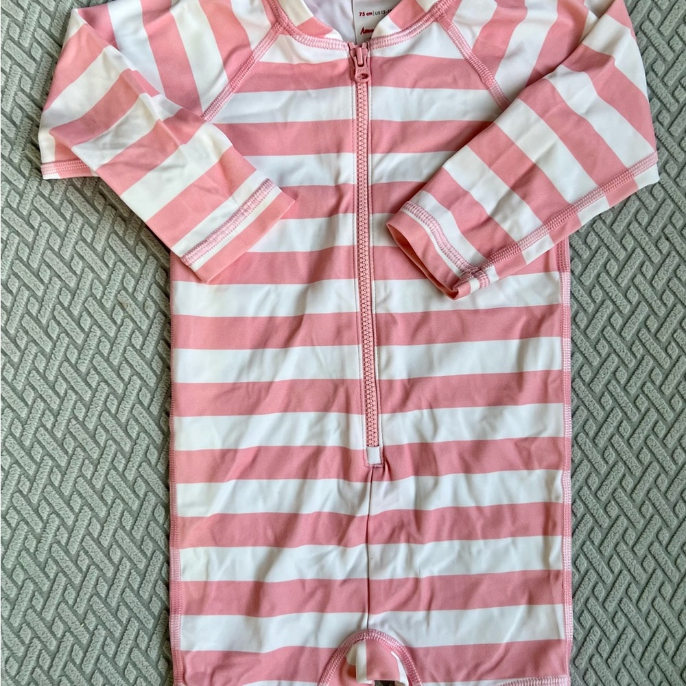 SOLD — Hanna Andersson Pink and White Striped Swim Rash Guard One Piece